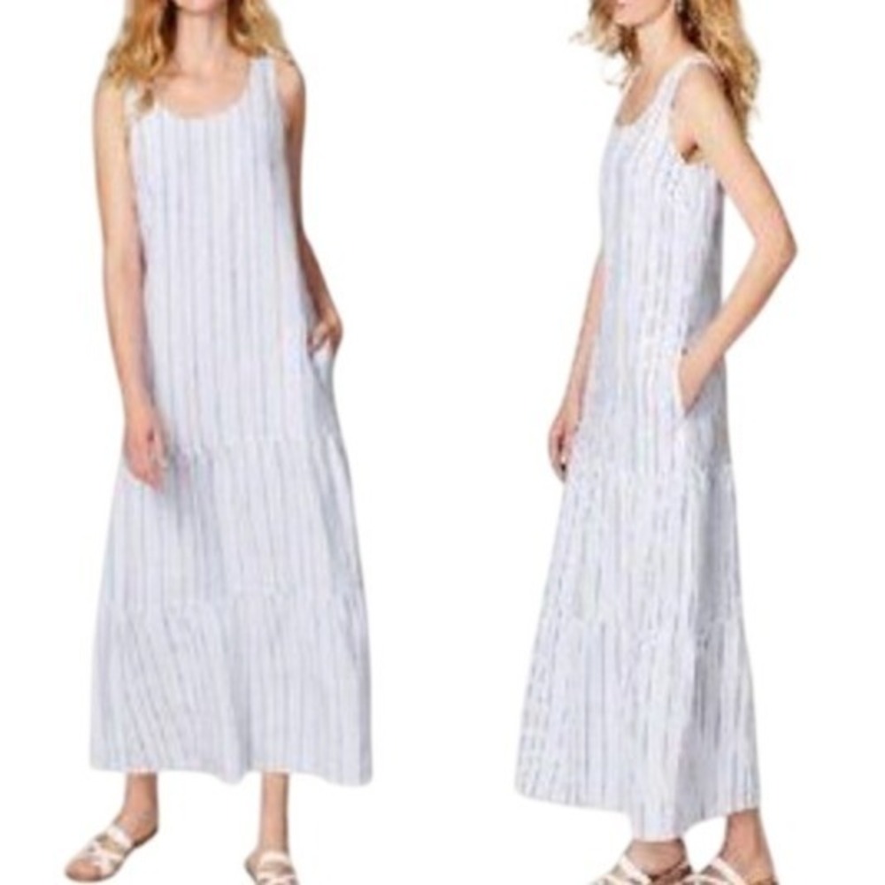 J. Jill Love Linen Blue Stripe Sleeveless Maxi Dress Size M 10-12